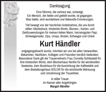 Traueranzeige von Kurt Händler  von Magdeburger Volksstimme