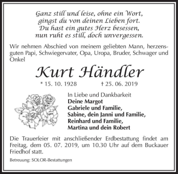 Traueranzeige von Kurt Händler  von Magdeburger Volksstimme