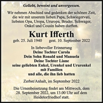 Traueranzeige von Kurt Ifferth  von Magdeburger Volksstimme