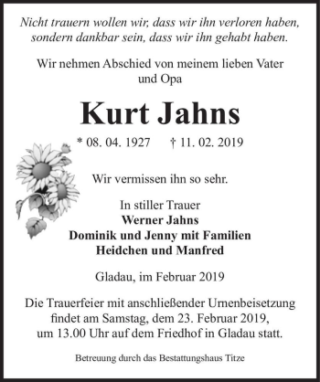 Traueranzeige von Kurt Jahns  von Magdeburger Volksstimme