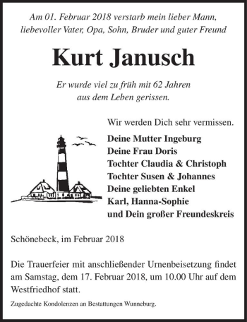 Traueranzeige von Kurt Janusch  von Magdeburger Volksstimme