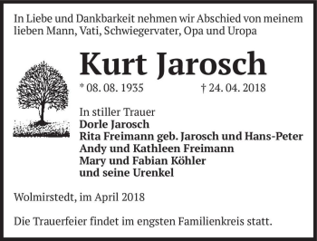 Traueranzeige von Kurt Jarosch  von Magdeburger Volksstimme