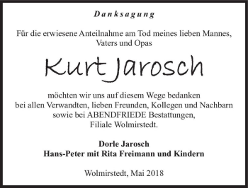 Traueranzeige von Kurt Jarosch  von Magdeburger Volksstimme