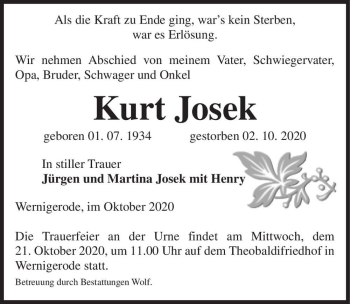 Traueranzeige von Kurt Josek  von Magdeburger Volksstimme