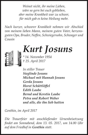 Traueranzeige von Kurt Josuns  von Magdeburger Volksstimme