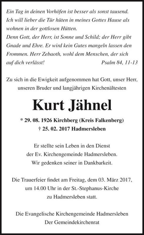 Traueranzeige für Kurt Jähnel  vom 02.03.2017 aus Magdeburger Volksstimme