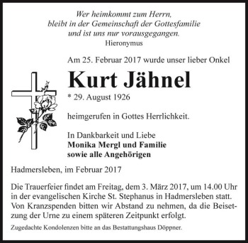 Traueranzeige von Kurt Jähnel  von Magdeburger Volksstimme