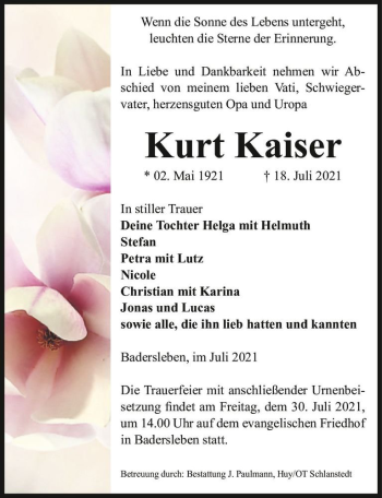 Traueranzeige von Kurt Kaiser  von Magdeburger Volksstimme