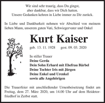 Traueranzeige von Kurt Kaiser  von Magdeburger Volksstimme