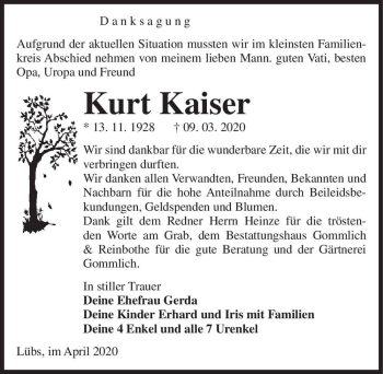Traueranzeige von Kurt Kaiser  von Magdeburger Volksstimme