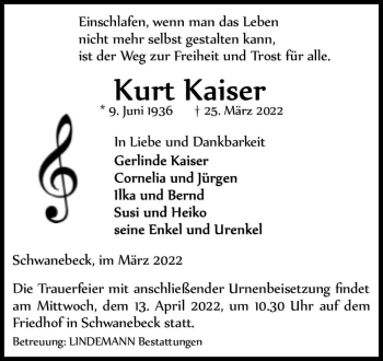 Traueranzeige von Kurt Kaiser  von Magdeburger Volksstimme