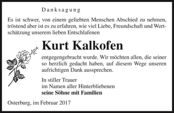 Traueranzeige von Kurt Kalkofen  von Magdeburger Volksstimme