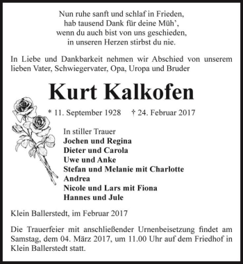 Traueranzeige von Kurt Kalkofen  von Magdeburger Volksstimme