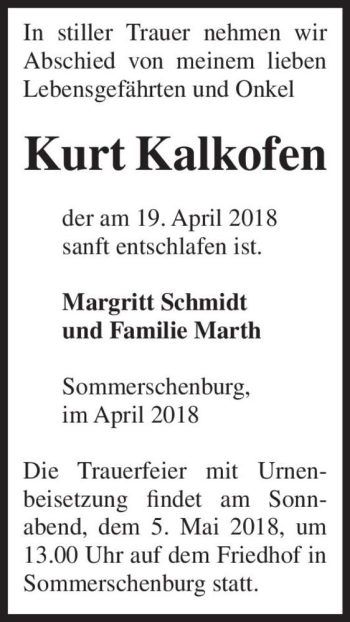 Traueranzeige von Kurt Kalkofen  von Magdeburger Volksstimme