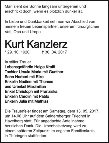 Traueranzeige von Kurt Kanzlerz  von Magdeburger Volksstimme