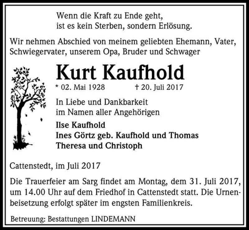  Traueranzeige für Kurt Kaufhold  vom 26.07.2017 aus Magdeburger Volksstimme