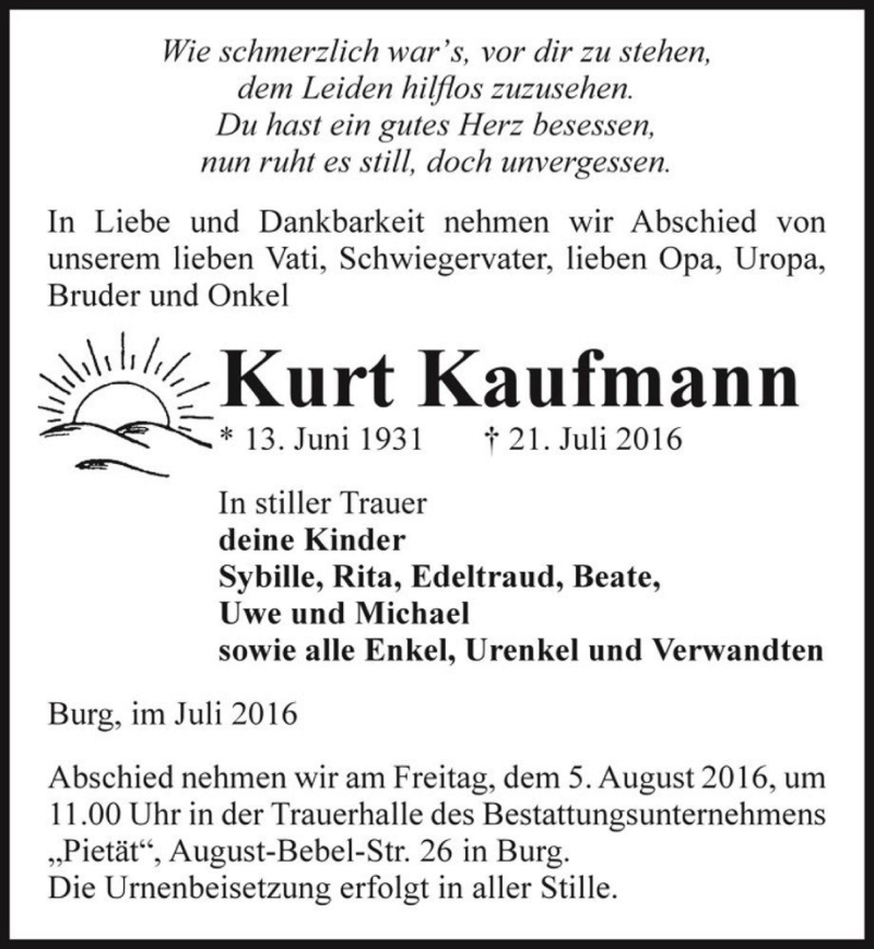  Traueranzeige für Kurt Kaufmann  vom 26.07.2016 aus Magdeburger Volksstimme