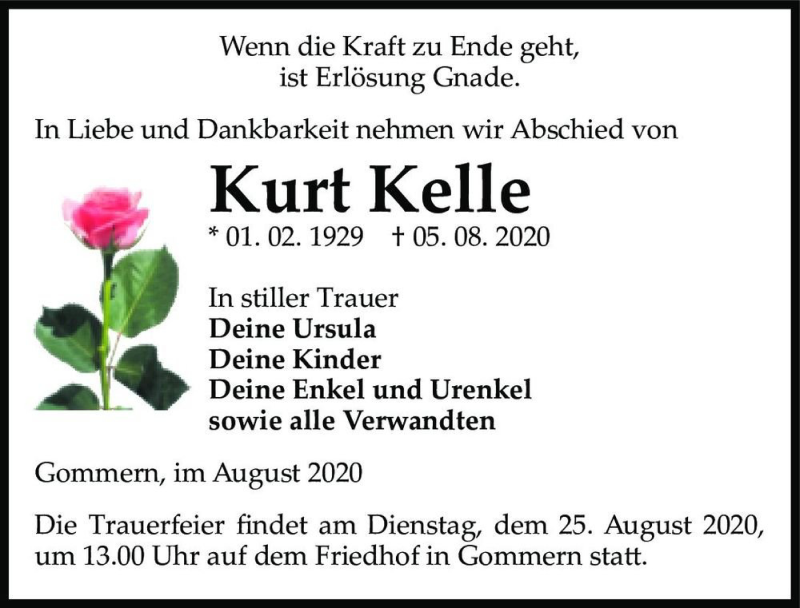  Traueranzeige für Kurt Kelle  vom 15.08.2020 aus Magdeburger Volksstimme