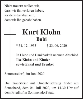 Traueranzeige von Kurt Klohn  von Magdeburger Volksstimme