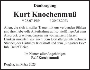 Traueranzeige von Kurt Knochenmuß  von Magdeburger Volksstimme