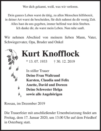 Traueranzeige von Kurt Knofflock  von Magdeburger Volksstimme