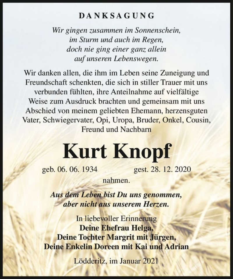  Traueranzeige für Kurt Knopf  vom 16.01.2021 aus Magdeburger Volksstimme