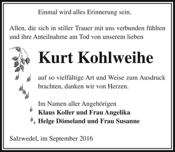 Traueranzeige von Kurt Kohlweihe  von Magdeburger Volksstimme
