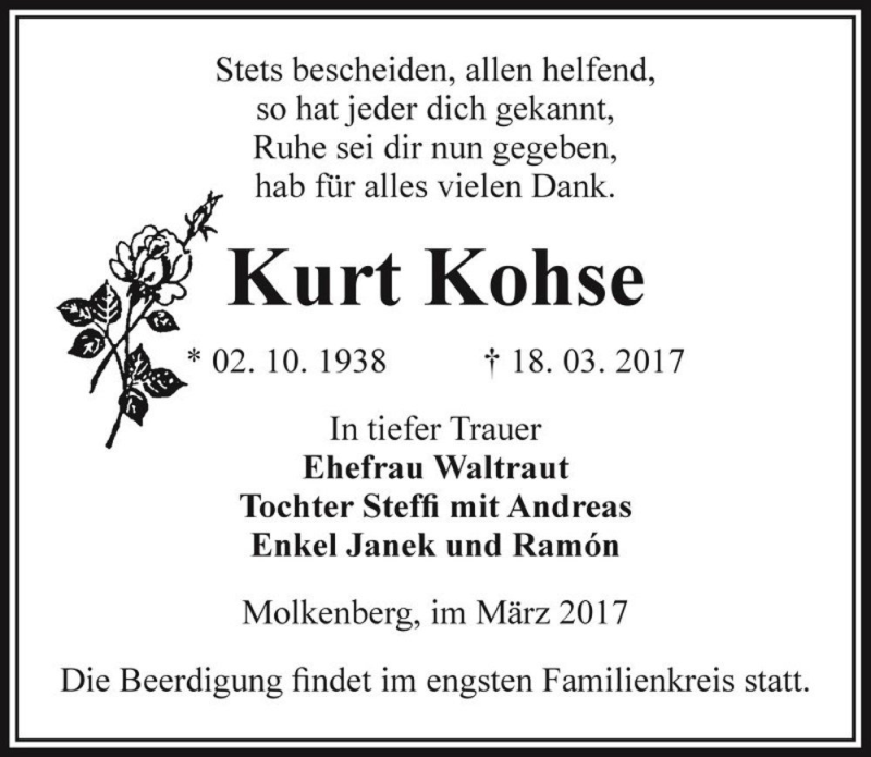  Traueranzeige für Kurt Kohse  vom 25.03.2017 aus Magdeburger Volksstimme