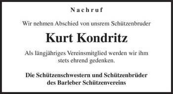 Traueranzeige von Kurt Kondritz  von Magdeburger Volksstimme