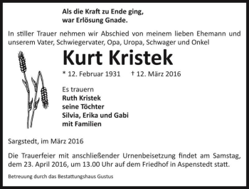 Traueranzeige von Kurt Kristek  von Magdeburger Volksstimme