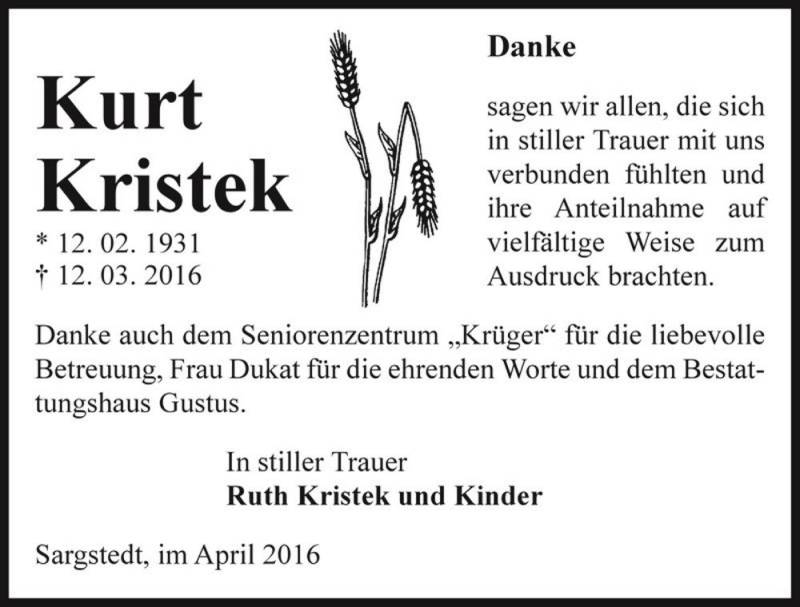  Traueranzeige für Kurt Kristek  vom 06.05.2016 aus Magdeburger Volksstimme