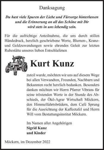 Traueranzeige von Kurt Kunz  von Magdeburger Volksstimme