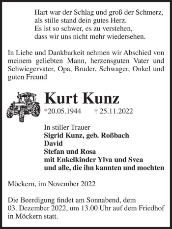 Traueranzeige von Kurt Kunz  von Magdeburger Volksstimme