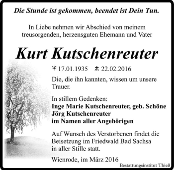 Traueranzeige von Kurt Kutschenreuter  von Magdeburger Volksstimme