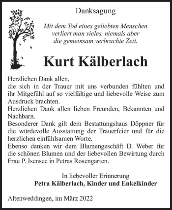 Traueranzeige von Kurt Kälberlach  von Magdeburger Volksstimme