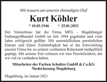 Traueranzeige von Kurt Köhler von Magdeburger Volksstimme