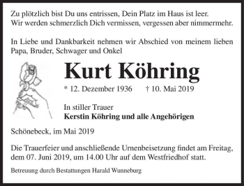 Traueranzeige von Kurt Köhring  von Magdeburger Volksstimme