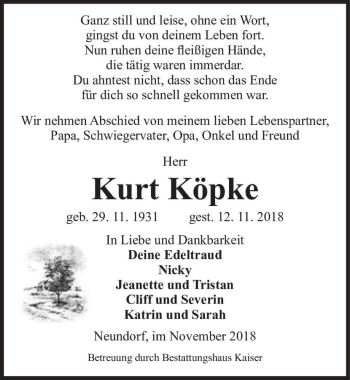 Traueranzeige von Kurt Köpke  von Magdeburger Volksstimme