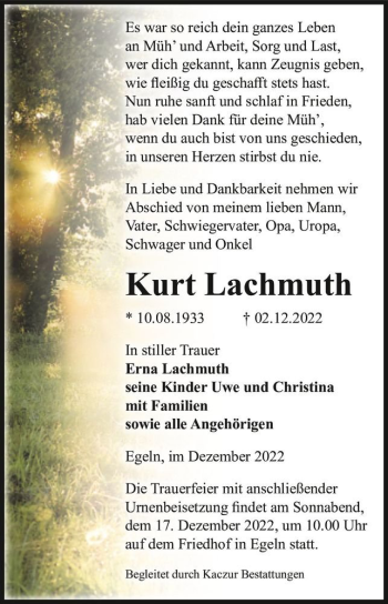 Traueranzeige von Kurt Lachmuth  von Magdeburger Volksstimme