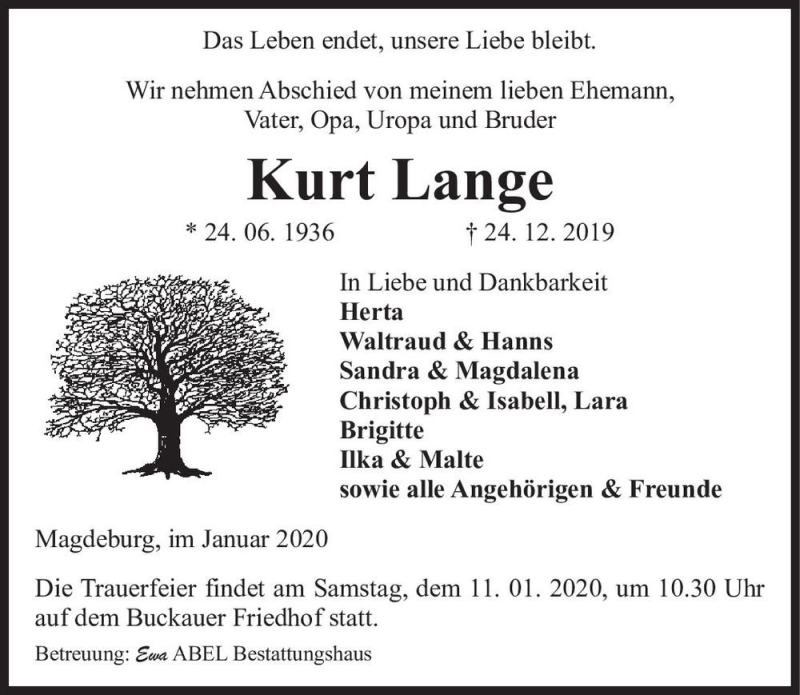  Traueranzeige für Kurt Lange  vom 04.01.2020 aus Magdeburger Volksstimme