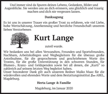 Traueranzeige von Kurt Lange  von Magdeburger Volksstimme