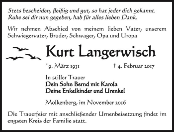 Traueranzeige von Kurt Langerwisch  von Magdeburger Volksstimme