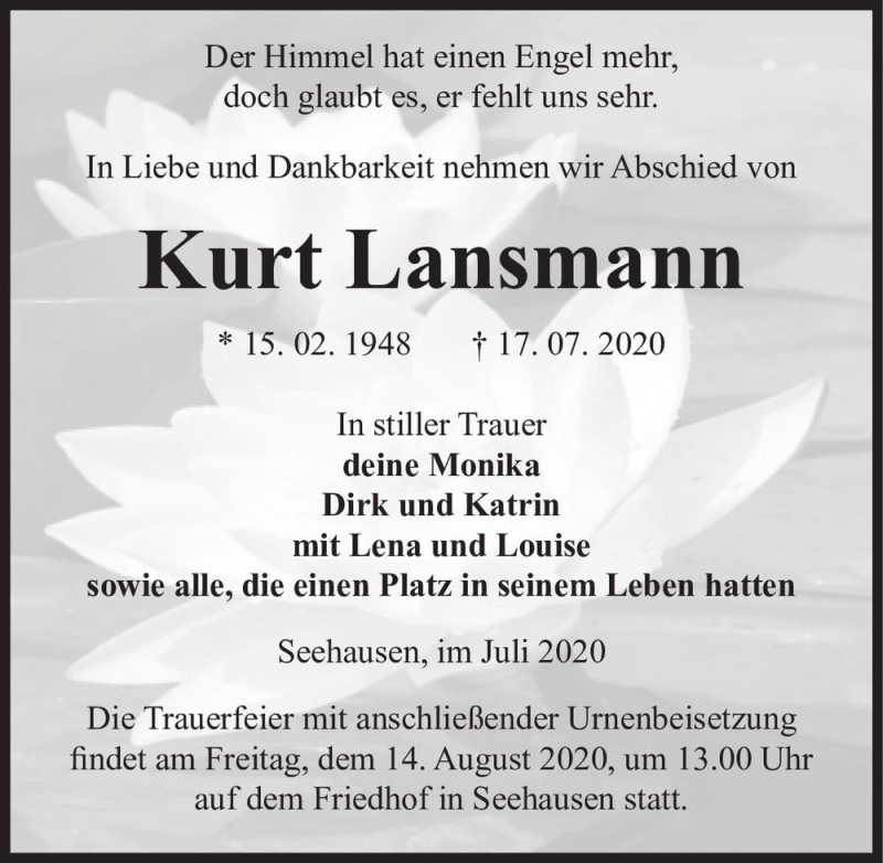  Traueranzeige für Kurt Lansmann  vom 01.08.2020 aus Magdeburger Volksstimme