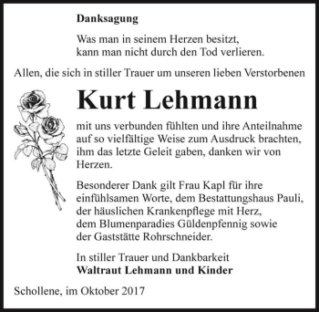 Traueranzeige von Kurt Lehmann  von Magdeburger Volksstimme