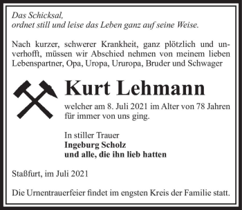 Traueranzeige von Kurt Lehmann  von Magdeburger Volksstimme