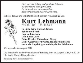 Traueranzeige von Kurt Lehmann  von Magdeburger Volksstimme
