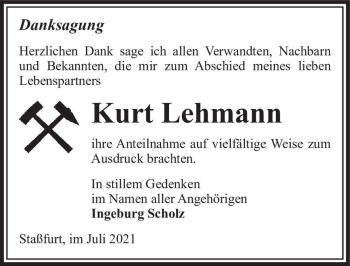 Traueranzeige von Kurt Lehmann  von Magdeburger Volksstimme