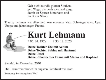 Traueranzeige von Kurt Lehmann  von Magdeburger Volksstimme