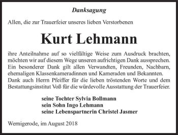 Traueranzeige von Kurt Lehmann  von Magdeburger Volksstimme
