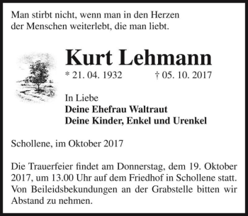 Traueranzeige von Kurt Lehmann  von Magdeburger Volksstimme